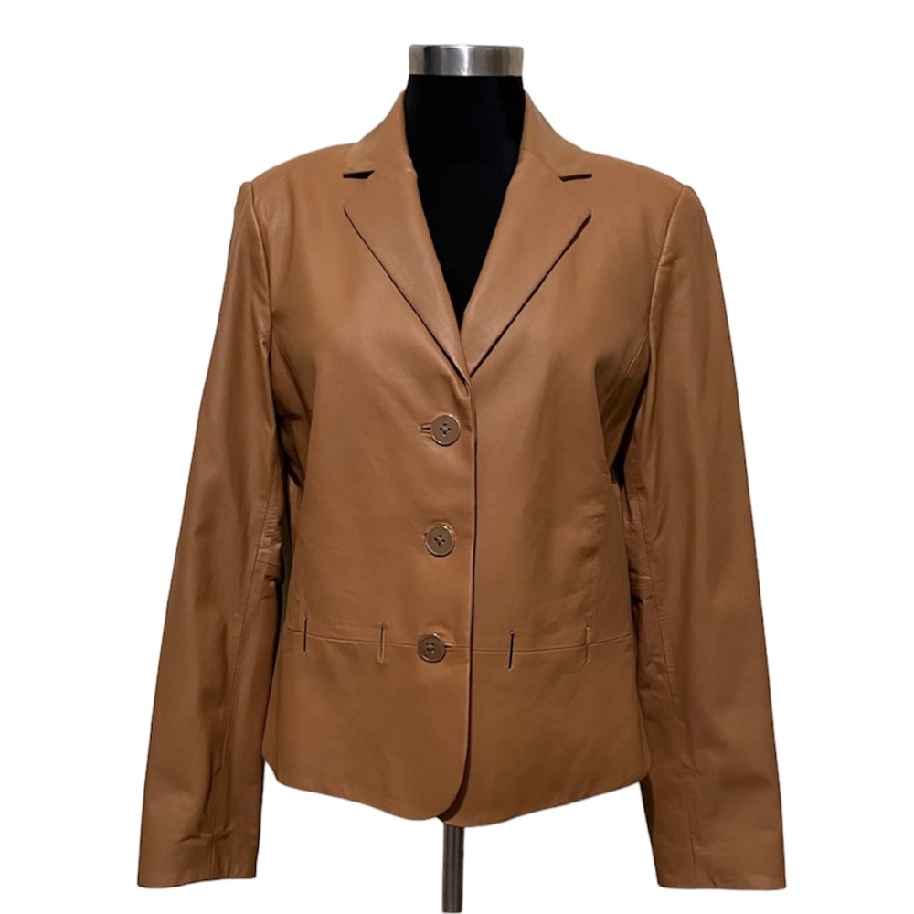 Doncaster camel-colored leather blazer with gold accents